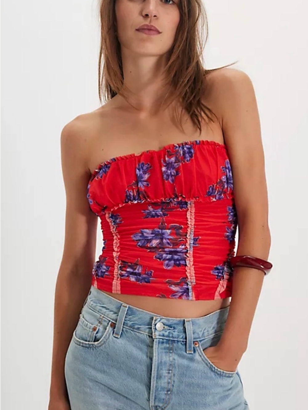 Free People Red Floral Strapless Ruched Crop Top